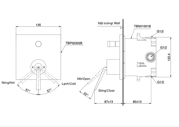 Van gật gù điều chỉnh nóng lạnh kèm nút chuyển hướng và phụ kiện âm tường TOTO TBP02302BA/TBN01001B​​​​​​​ - Bùi Minh