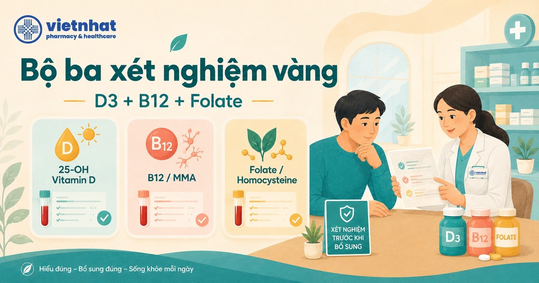 Bộ Ba Xét Nghiệm Vàng D3 + B12 + Folate