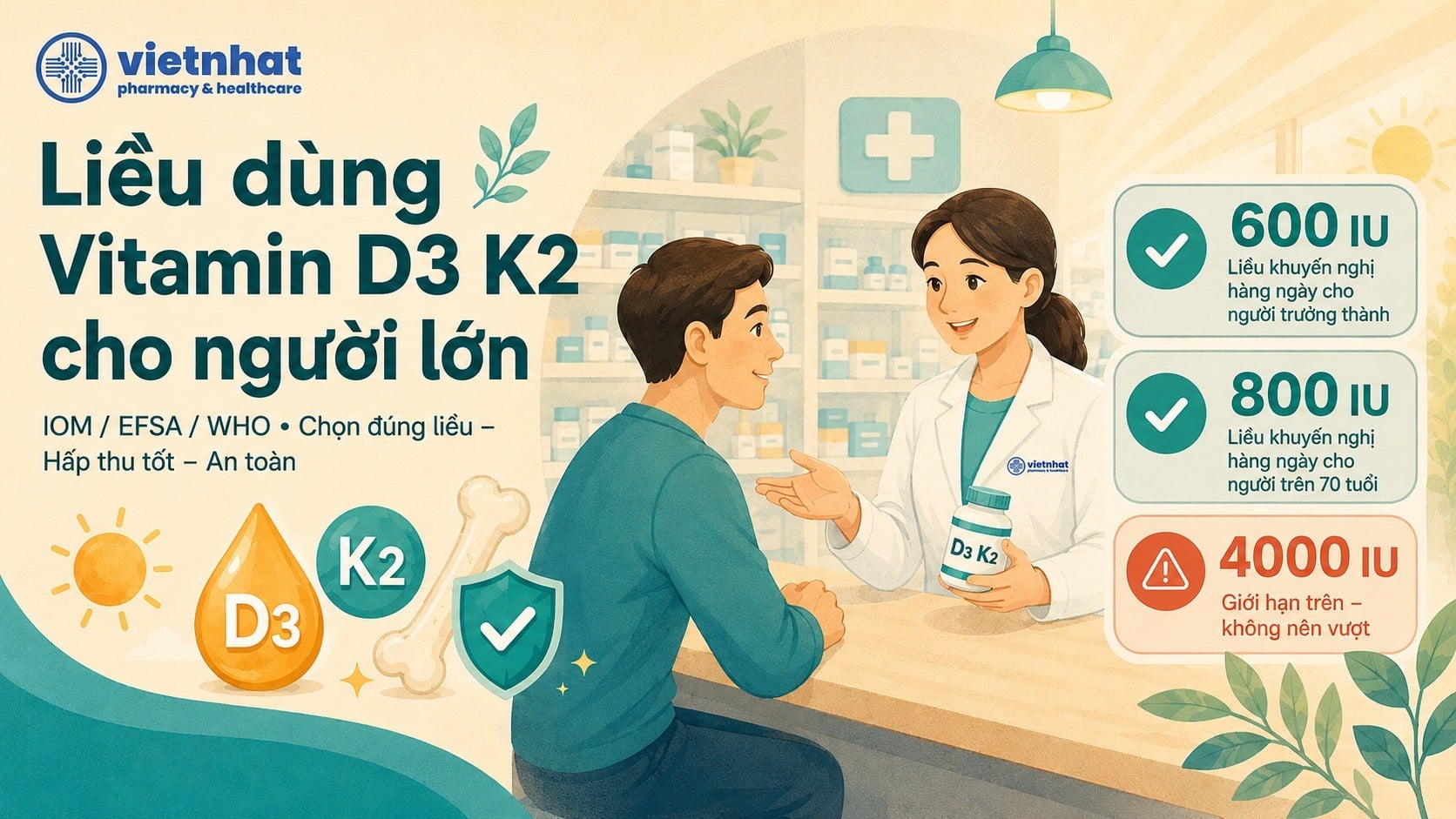 Liều dùng Vitamin D3 K2 cho người lớn theo IOM/EFSA/WHO