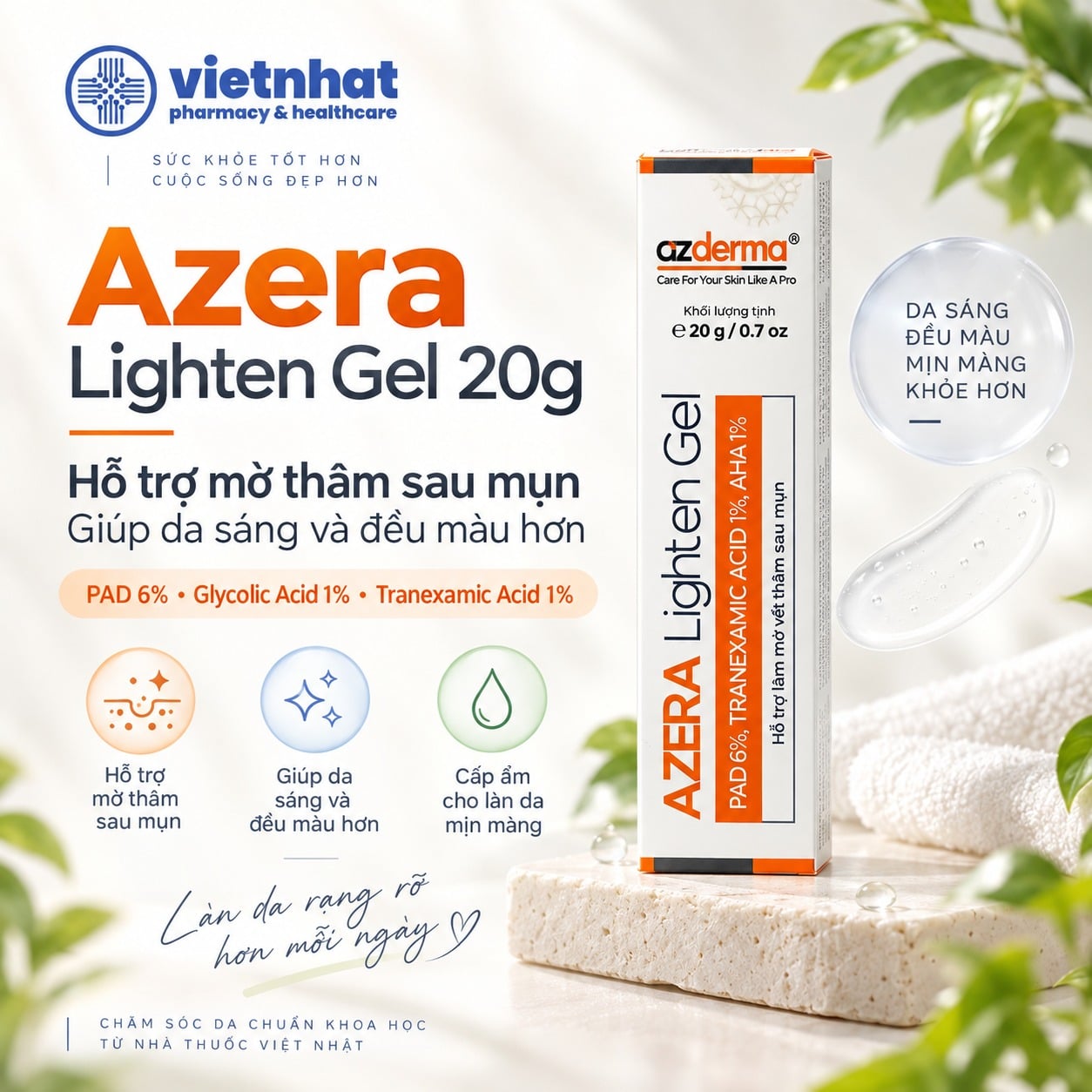 nhathuocvietnhat.vn-Azera Lighten Gel 20g hỗ trợ làm mờ thâm sau mụn, giúp da sáng đều màu