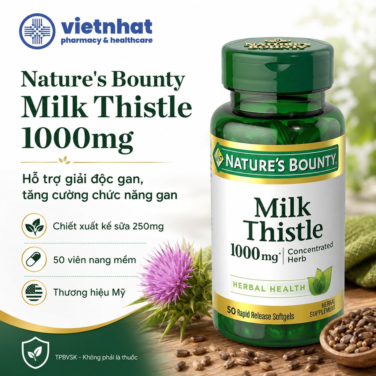 nhathuocvietnhat.vn-Nature's Bounty Milk Thistle 1000mg, hỗ trợ giải độc gan cho người trưởng thành