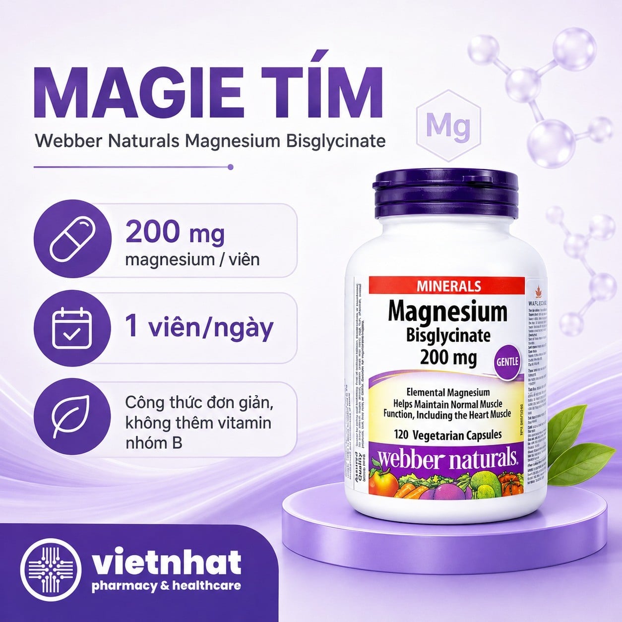 nhathuocvietnhat.vn-Webber Naturals Magnesium Bisglycinate bổ sung maginesium thuần trong mỗi viên