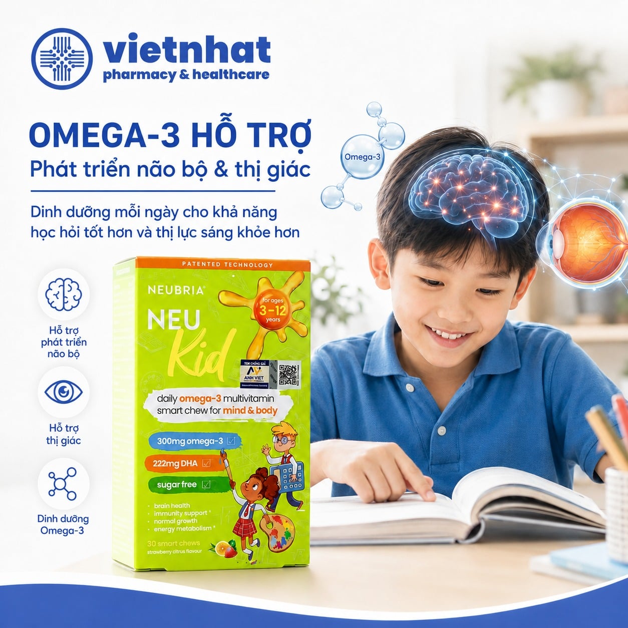 nhathuocvietnhat.vn-Neubria Neu Kid bổ sung Omega-3 DHA EPA hỗ trợ dinh dưỡng cho não bộ và thị giác của trẻ