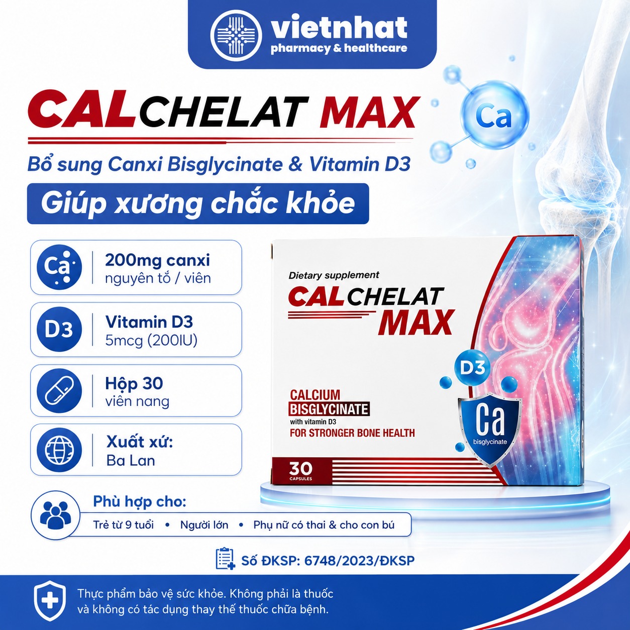 nhathuocvietnhat.vn-Calchelat Max bổ sung canxi bisglycinate và vitamin D3 hỗ trợ xương chắc khỏe