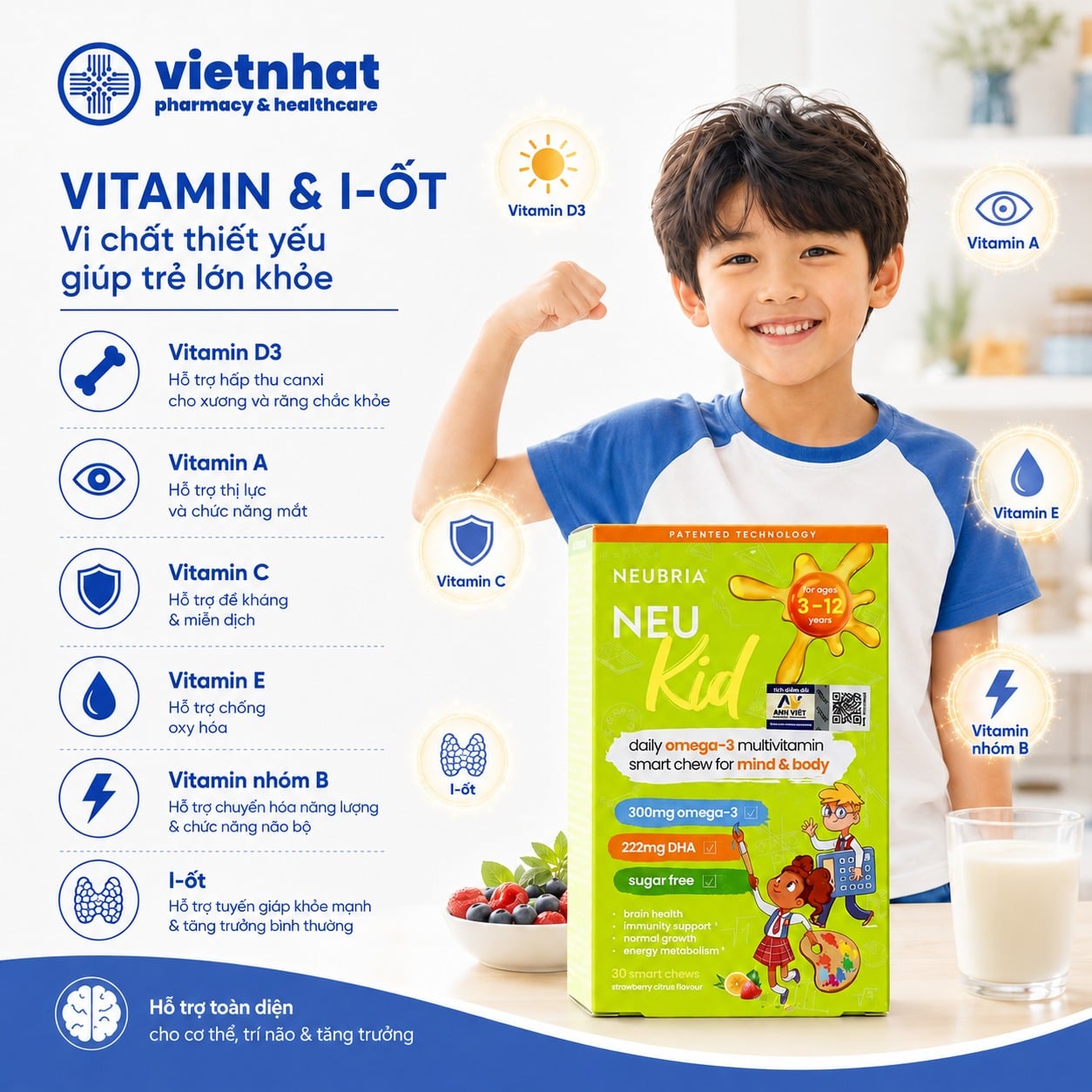 nhathuocvietnhat.vn-Neubria Neu Kid cung cấp vitamin D3, A, C, E, nhóm B và i-ốt cho trẻ