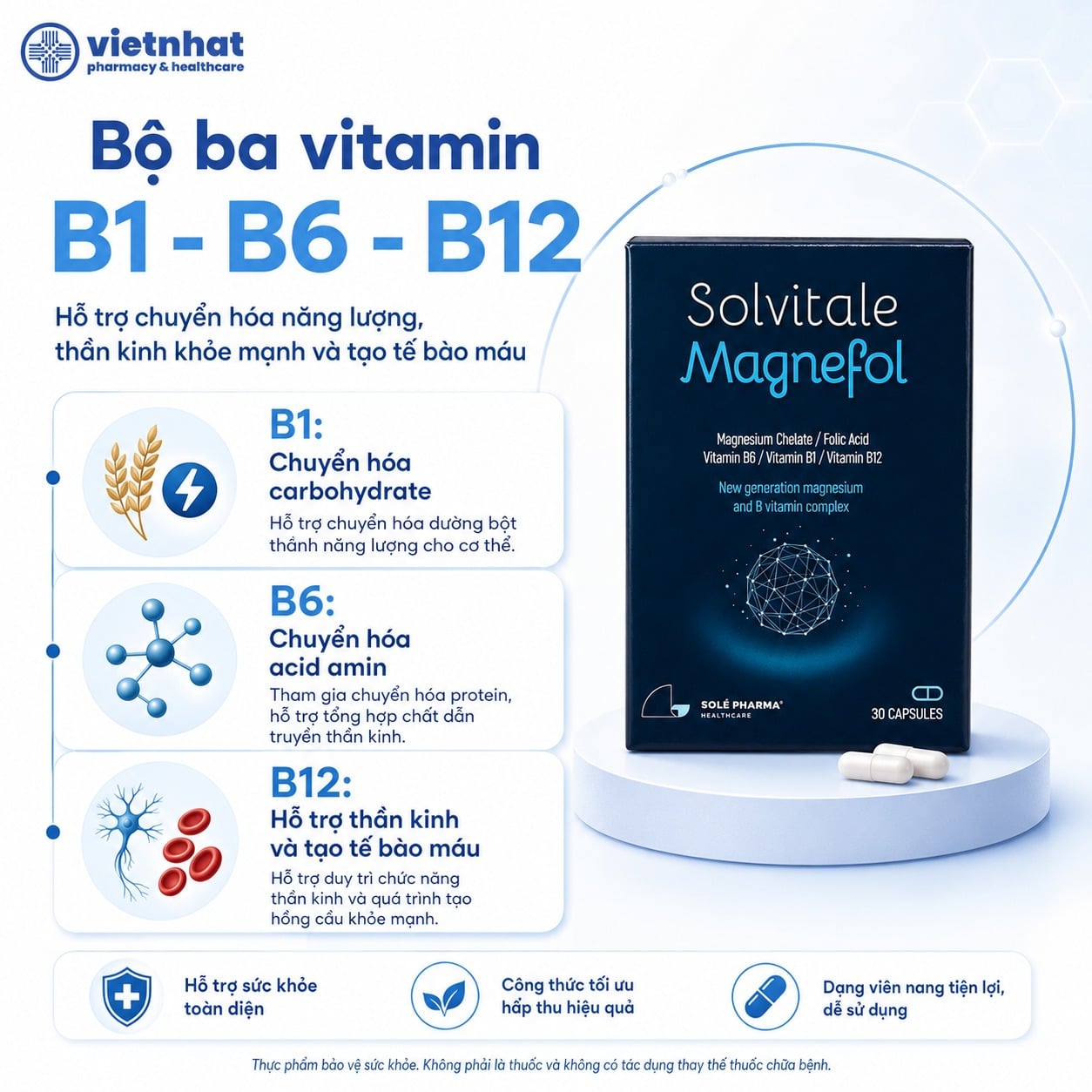 nhathuocvietnhat.vn-Vitamin B1, B6 và B12 trong Solvitale Magnefol hỗ trợ chuyển hóa năng lượng và thần kinh
