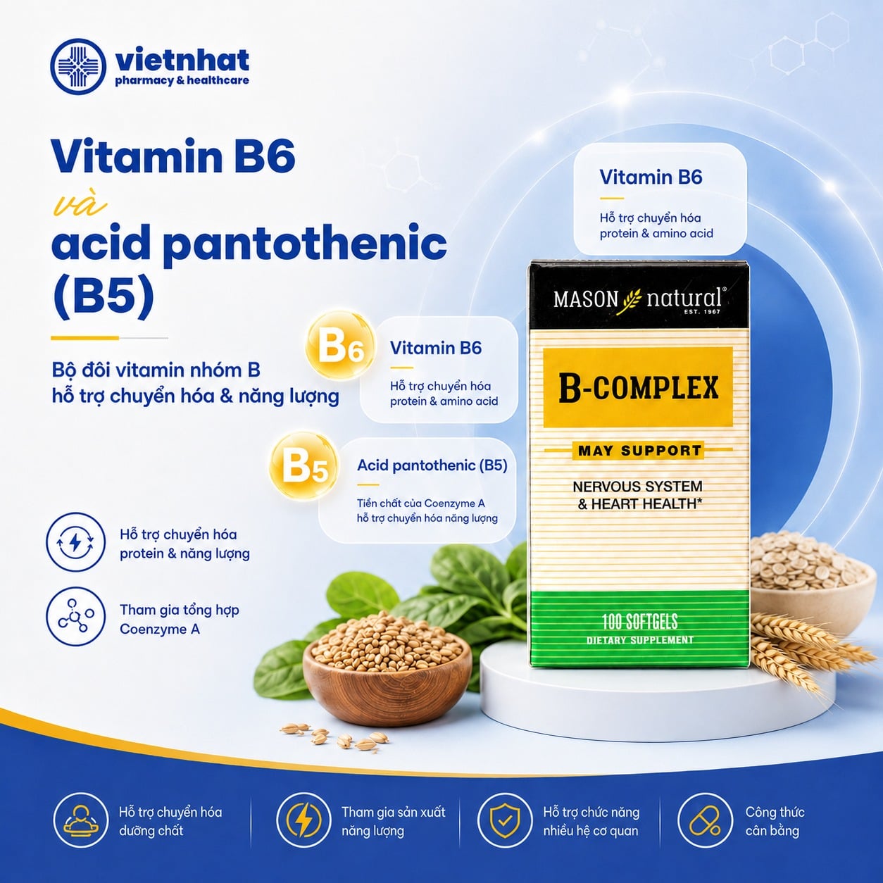 nhathuocvietnhat.vn-Vitamin B6 và B5 trong Mason Natural B-Complex hỗ trợ chuyển hoá và năng lượng cho cơ thể
