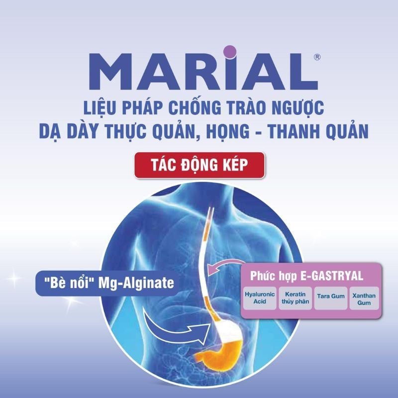nhathuocvietnhat.vn - Marial Gel với tác động kép lên cả nguyên nhân và quá trình trào ngược giúp giảm giảm nhanh triệu chứng và làm lành niêm mạc bị tổn thương