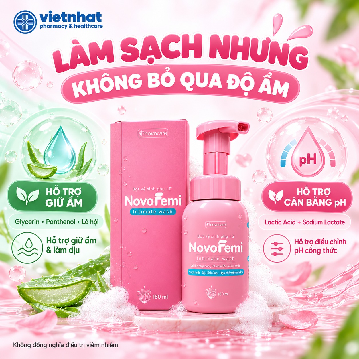 nhathuocvietnhat.vn-Bọt vệ sinh Novofemi với glycerin, panthenol, lô hội và hệ lactic acid sodium lactate hỗ trợ giữ ẩm và điều chỉnh pH