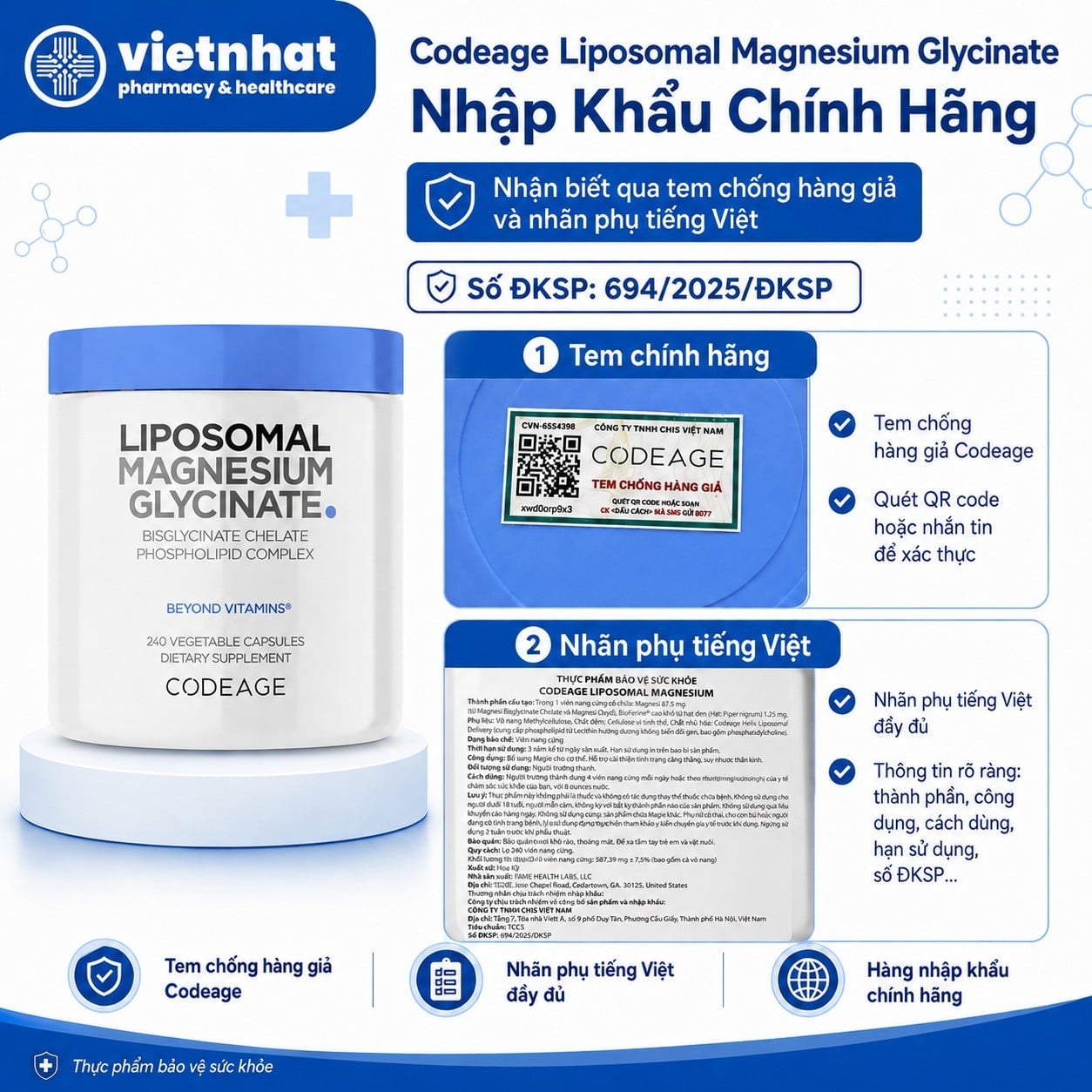 nhathuocvietnhat.vn-Nhận biết Liposomal Magnesium Glycinate&nbsp;Codeage nhập khẩu chính hãng