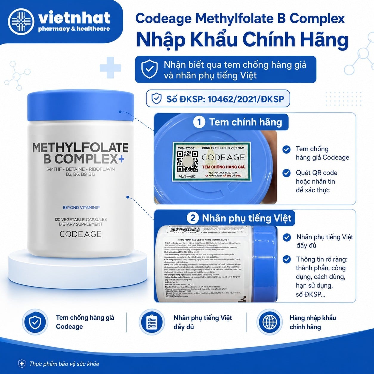nhathuocvietnhat.vn-Đặc điểm nhận biết Codeage Methylfolate B Complex chính hãng