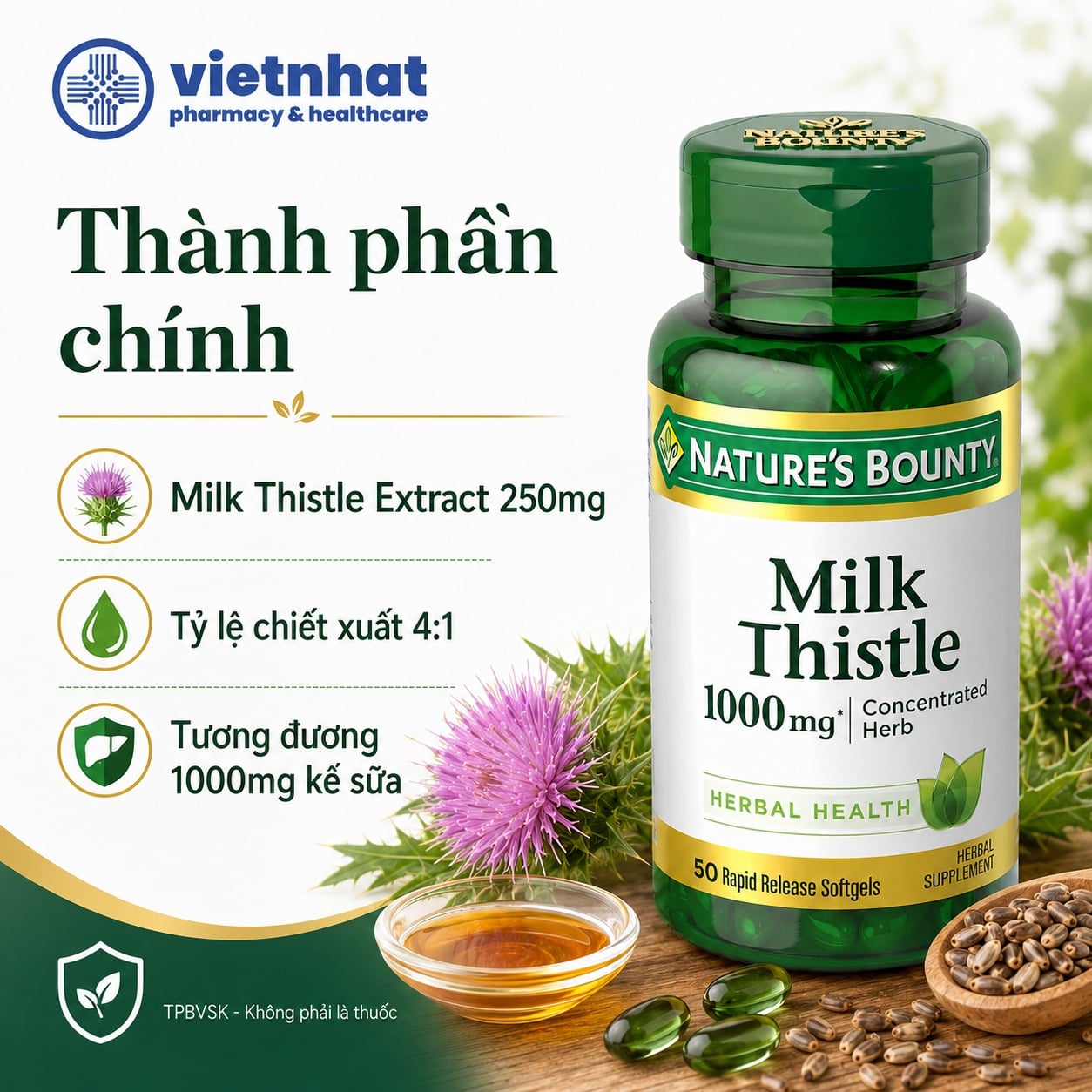 nhathuocvietnhat.vn-Thành phần của Viên uống giải độc gan Nature's Bounty Milk Thistle 1000mg