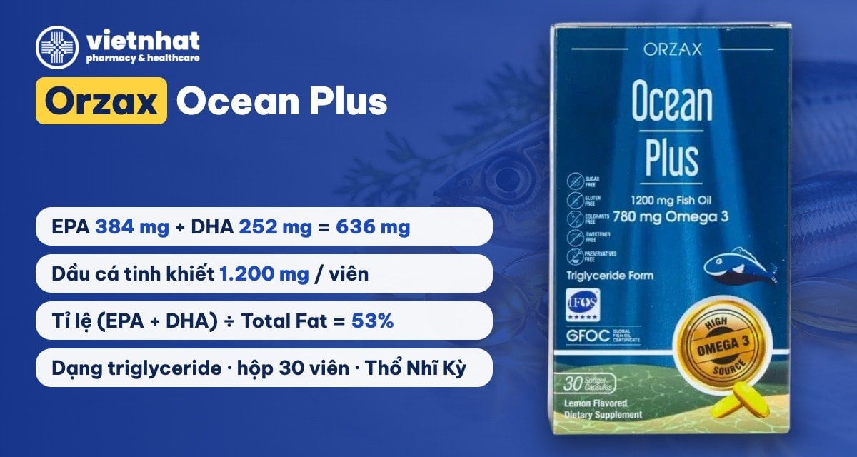 nhathuocvietnhat.vn - Orzax Ocean Plus: EPA 384 mg, DHA 252 mg, tỉ lệ EPA + DHA trên dầu cá 53%