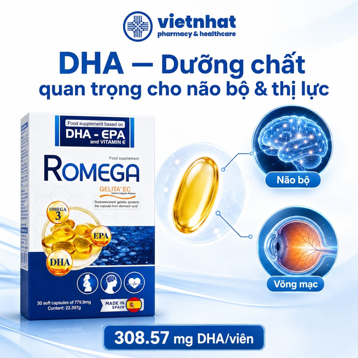nhathuocvietnhat.vn-DHA trong Romega hỗ trợ não bộ và võng mạc với hàm lượng 308.57 mg mỗi viên