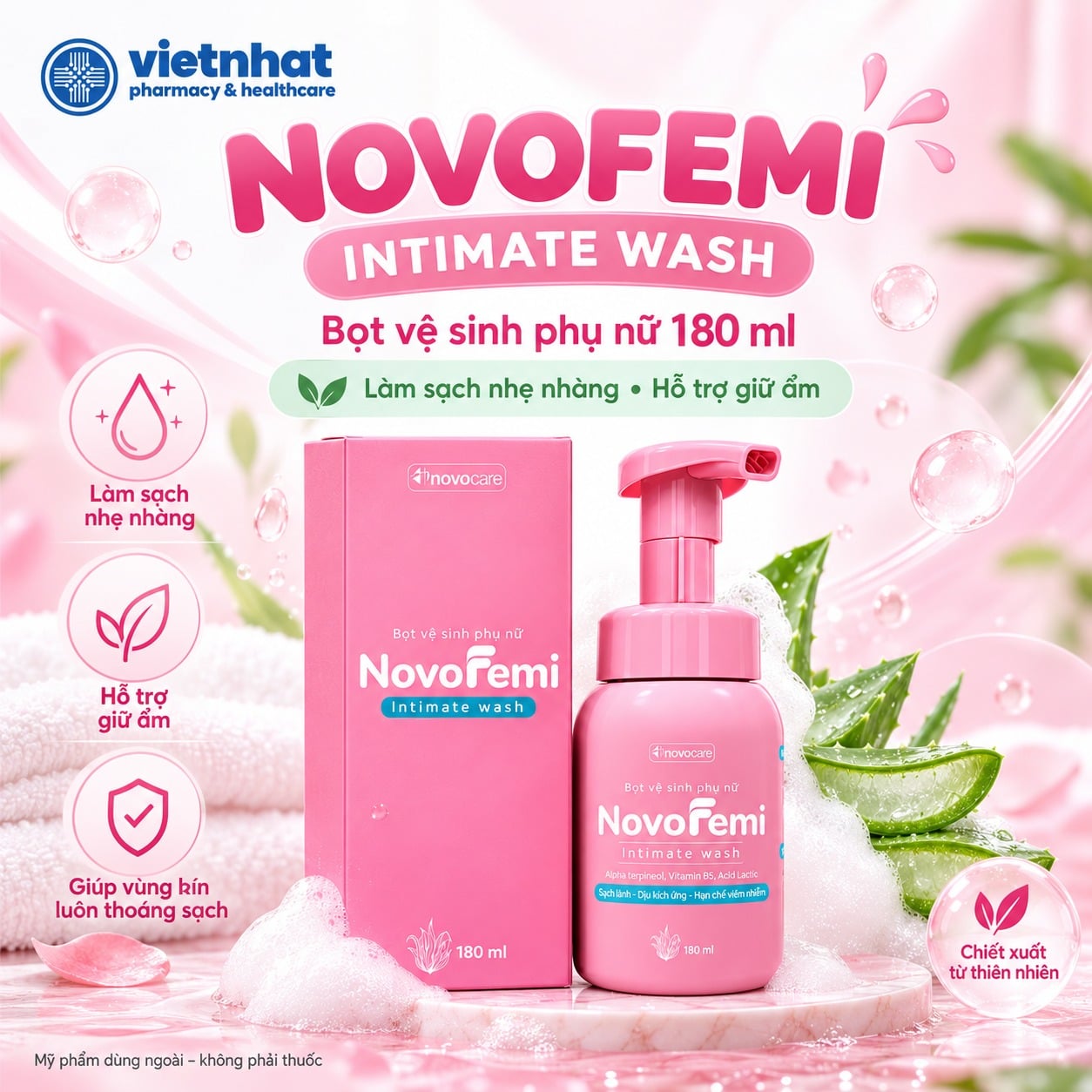 nhathuocvietnhat.vn-Bọt vệ sinh phụ nữ Novofemi Intimate Wash hỗ trợ làm sạch nhẹ nhàng và giữ ẩm