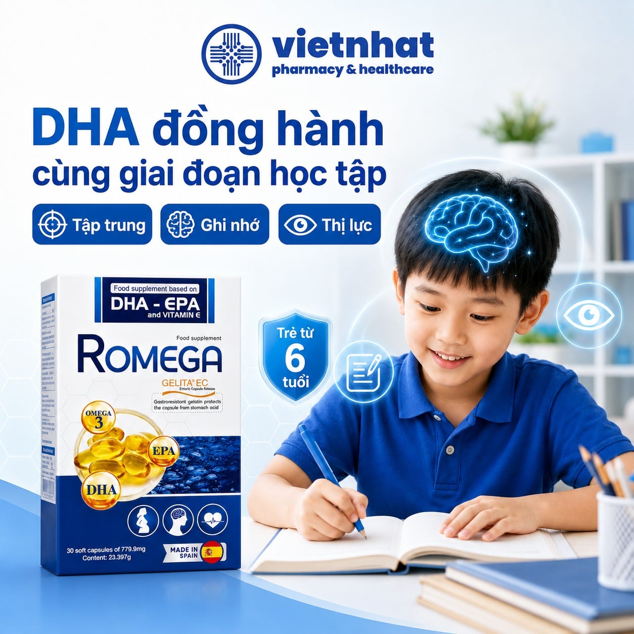 nhathuocvietnhat.vn-Romega bổ sung DHA hỗ trợ tập trung, ghi nhớ và thị lực cho trẻ từ 6 tuổi