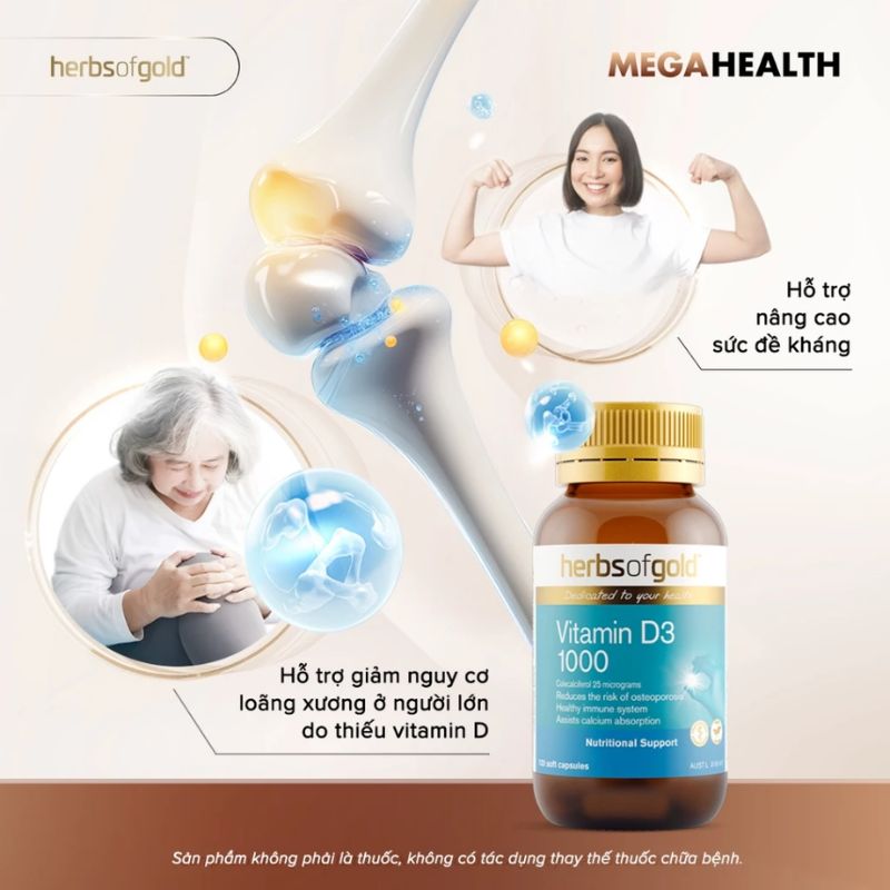 nhathuocvietnhat.vn - Herbs of Gold Vitamin D3 1000, hỗ trợ tăng cường hấp thu canxi và giảm nguy cơ loãng xương ở người lớn