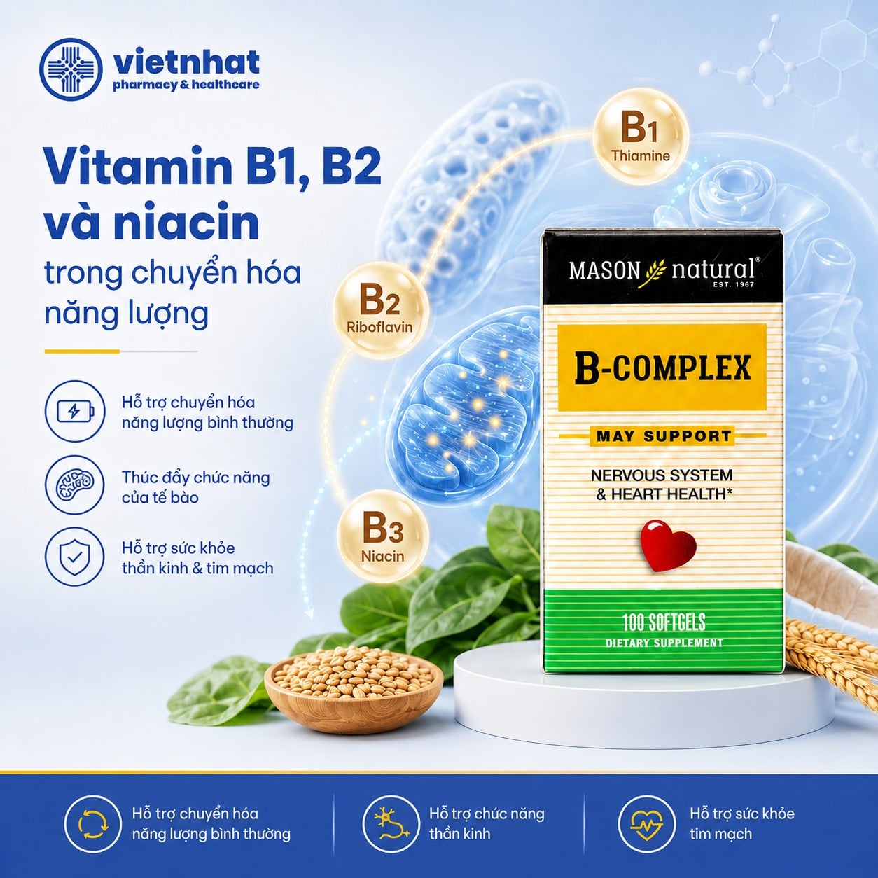nhathuocvietnhat.vn-Vitamin B1, B2 và niacin trong Mason Natural B-Complex tham gia quá trình chuyển hóa năng lượng