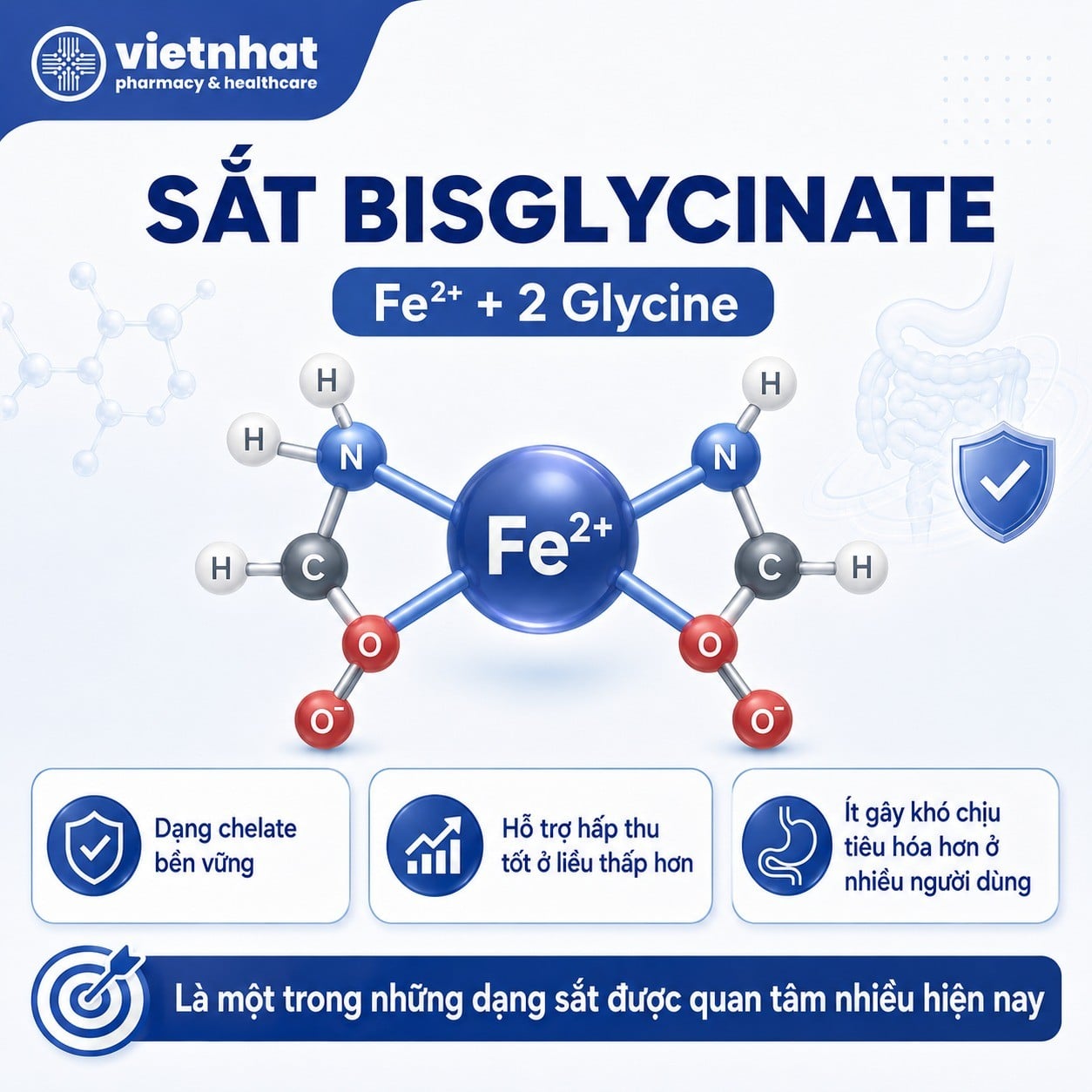 nhathuocvietnhat.vn-Sắt bisglycinate là sắt hữu cơ dạng chelate, hấp thu tốt và ổn định trong đường tiêu hóa.