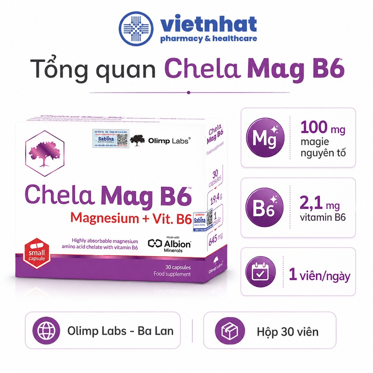nhathuocvietnhat.vn-Chela Mag B6 Olimp Labs bổ sung 100 mg magie và 2,1 mg vitamin B6