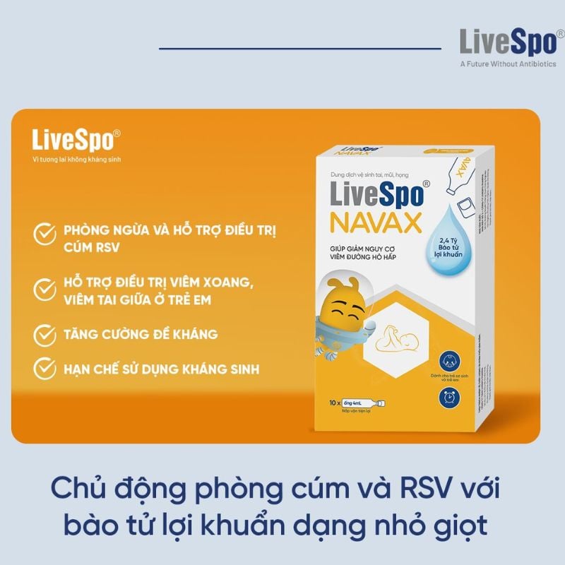 nhathuocvietnhat.vn - Livespo Navax chứa 2,4 tỷ bào tử lợi khuẩn Bacillus, có tác dụng làm sạch mũi họng, giúp phòng ngừa viêm đường hô hấp