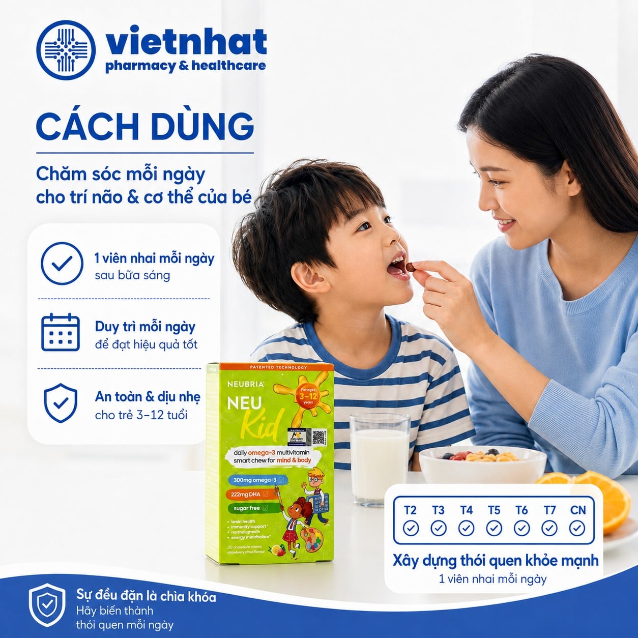 nhathuocvietnhat.vn-Cho trẻ nhai một viên Neubria Neu Kid mỗi ngày sau bữa sáng