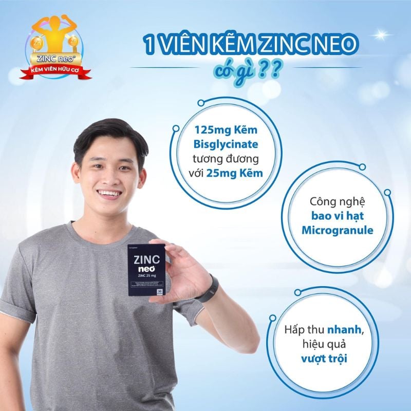 nhathuocvietnhat.vn -  Zinc Neo bổ sung kẽm bisglycinate với công nghệ bao vi hạt giúp hấp thu cao và dịu nhẹ với dạ dày