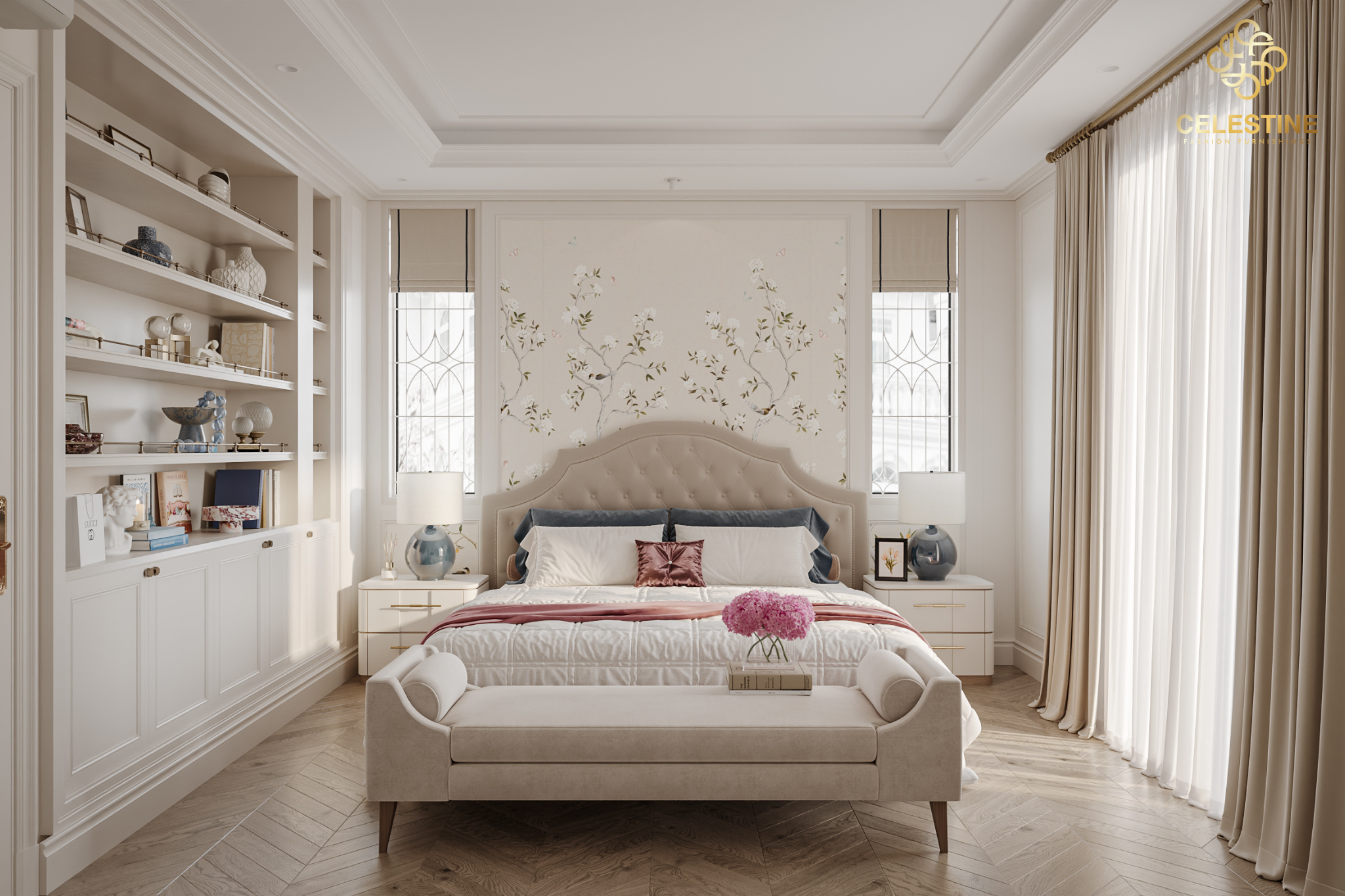 Rèm cửa mềm mại mang lại vẻ đẹp nhẹ nhàng cho phòng ngủ.