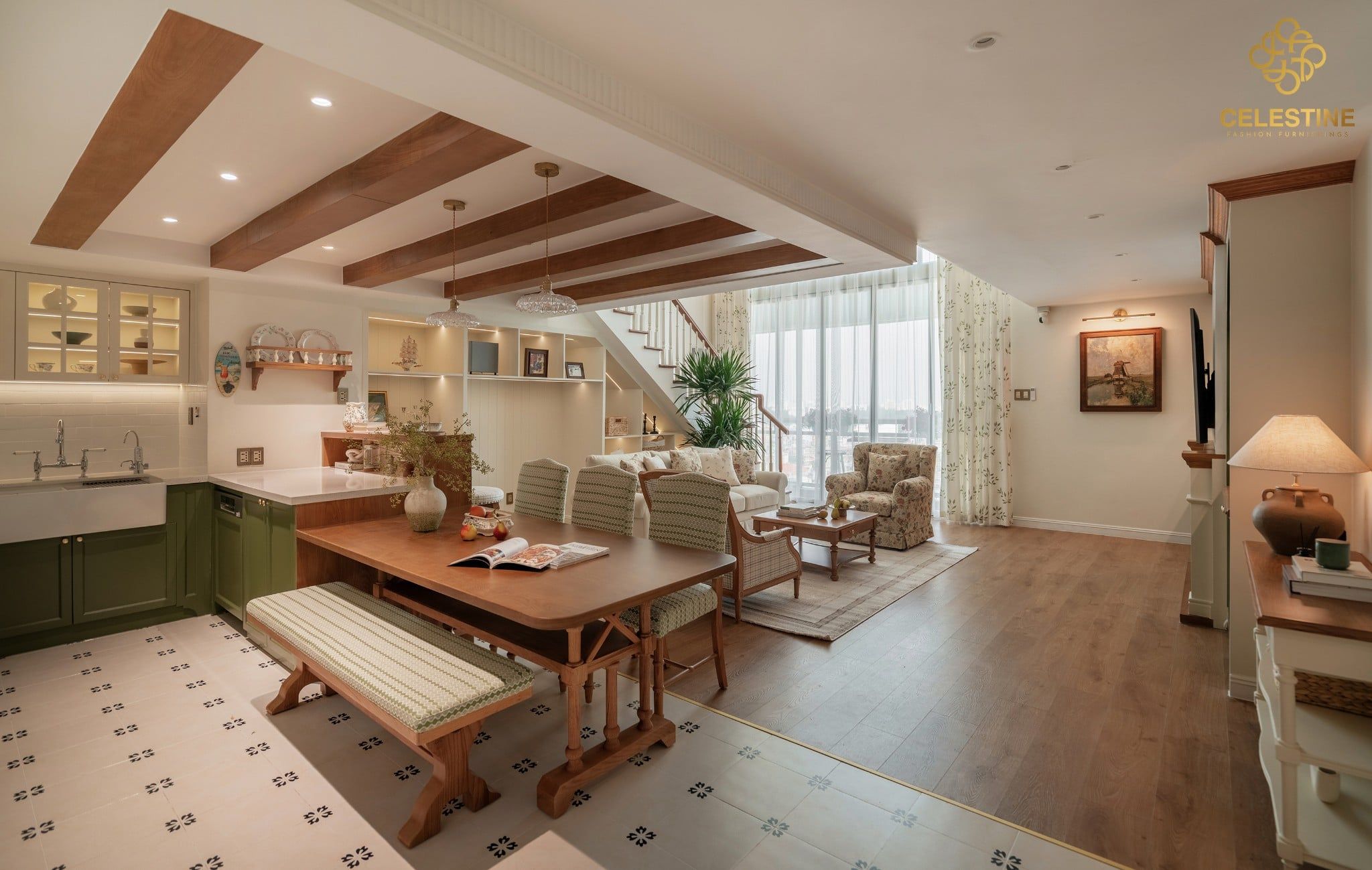 Farmhouse Luxury cân bằng vẻ mộc mạc và nét sang trọng.