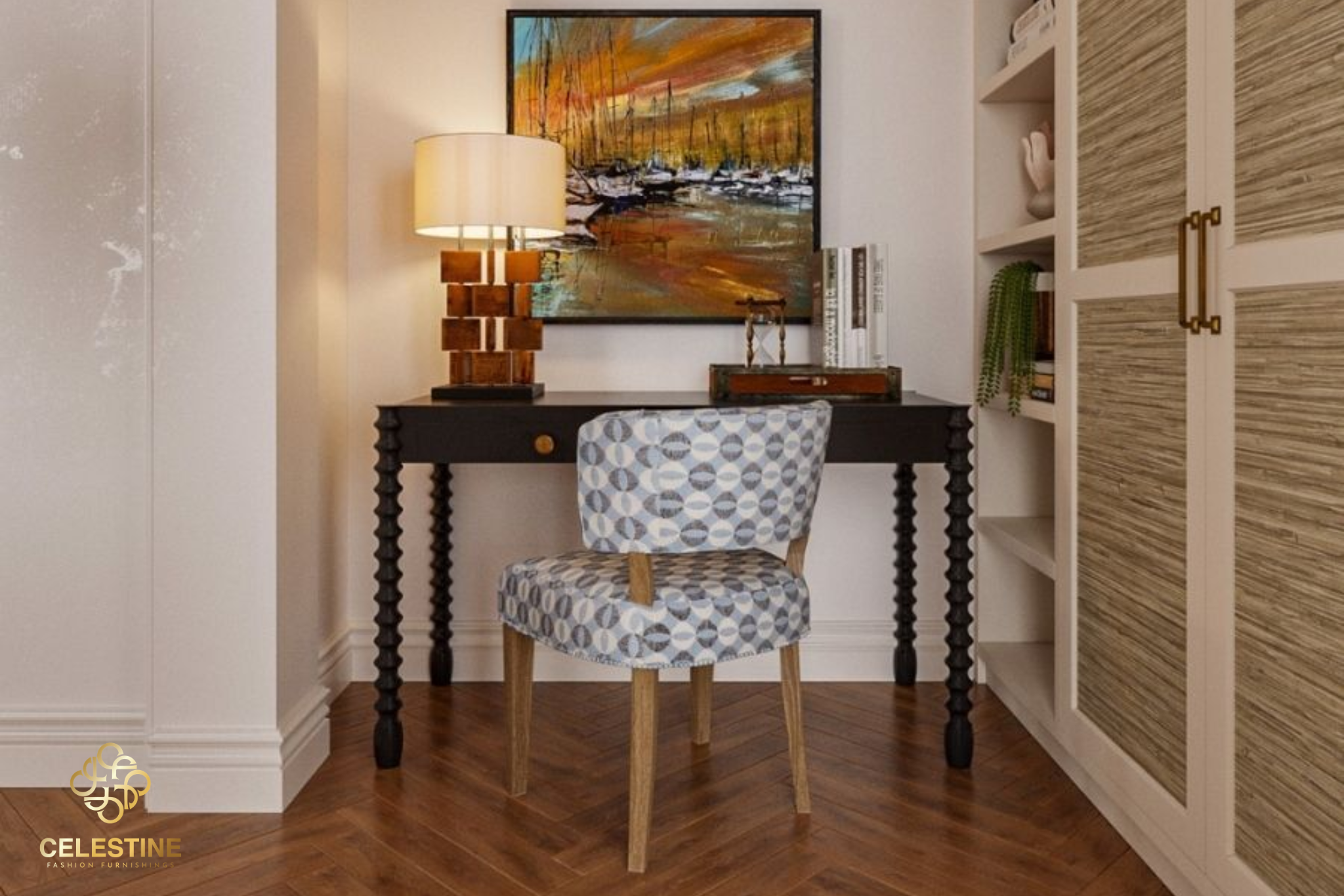Bàn trang điểm Luxury chân cao tạo cảm giác thông thoáng cho không gian.