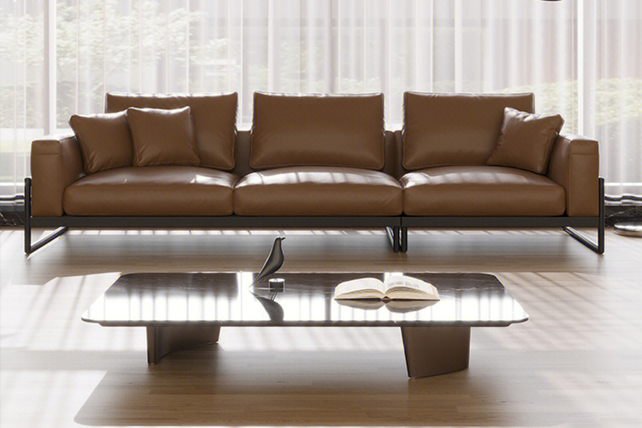 Sofa da màu nâu tạo điểm nhấn ấm áp cho phòng khách.