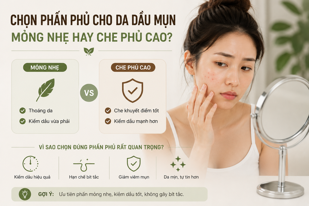 Cách Chọn Phấn Phủ Cho Da Dầu Mụn: Mỏng Nhẹ Hay Che Phủ Cao?