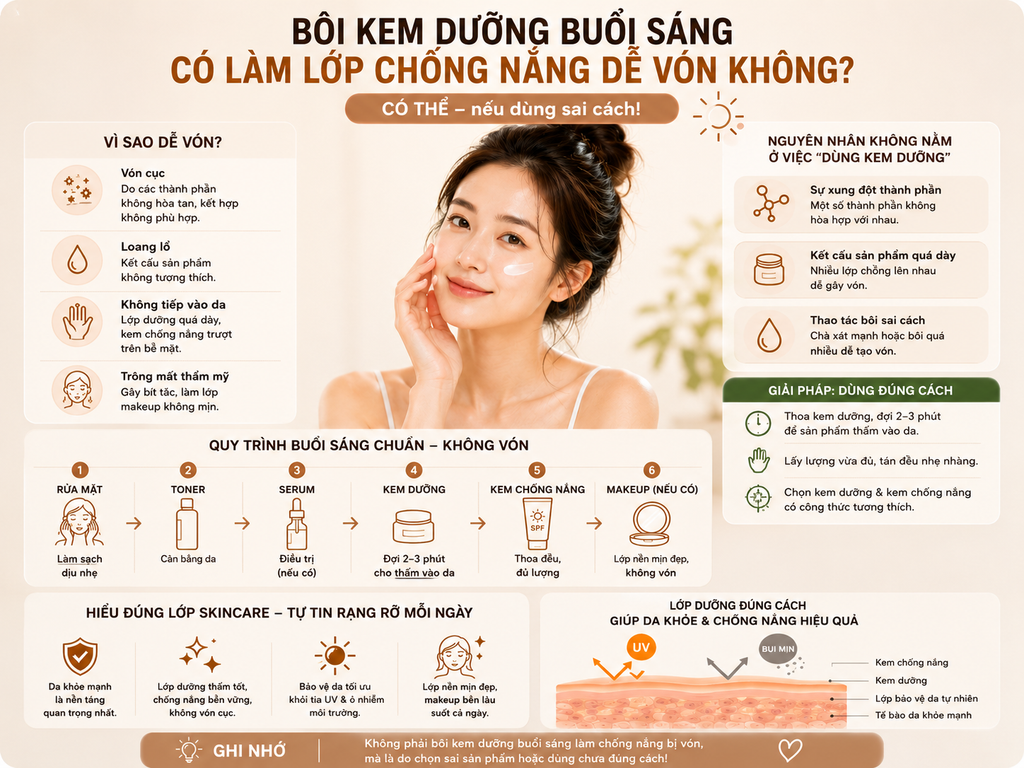 Bôi Kem Dưỡng Buổi Sáng Có Làm Lớp Chống Nắng Dễ Vón Không?