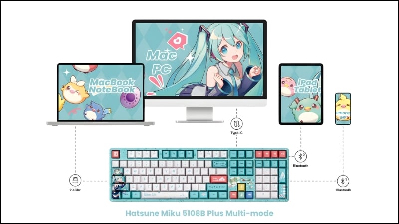 Bàn phím AKKO 5108B Plus Hatsune Miku có kết nối đa năng, linh hoạt