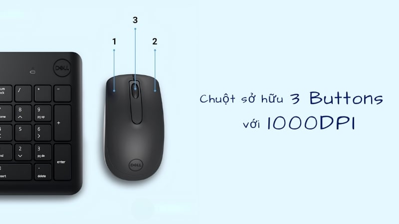 Bộ bàn phím và chuột không dây Dell KM3322W có chuột quang học 1000 DPI