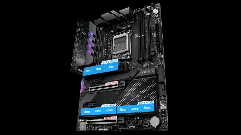 Bo mạch chủ ASUS ROG CROSSHAIR X870E APEX có lưu trữ PCIe 5.0