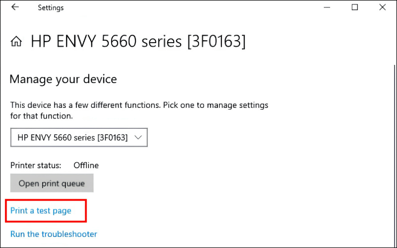 Trên Windows, mở phần quản lý và dùng Print Test Page để kiểm tra