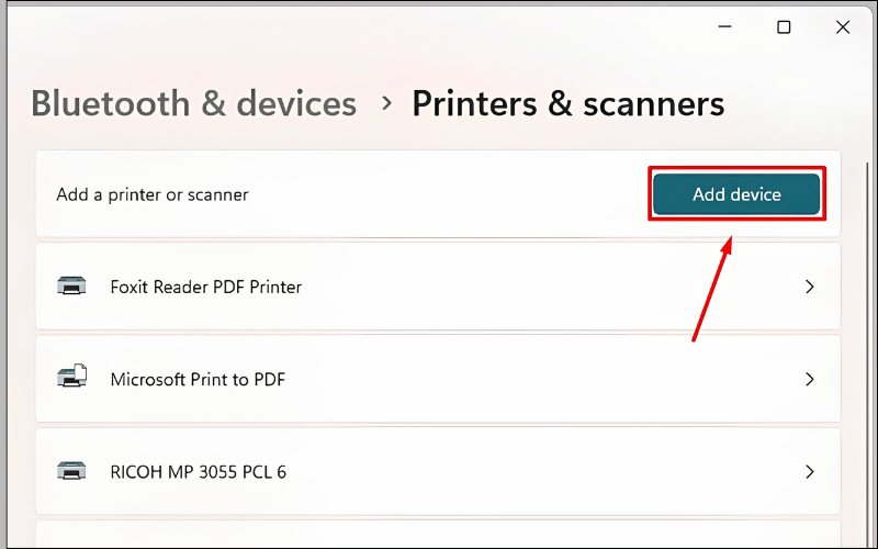 Chọn Add device&nbsp;ở mục Add a printer or scanner