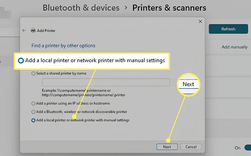Chọn Add a local printer or network printer with manual settings và nhấn&nbsp;Next để tiếp tục