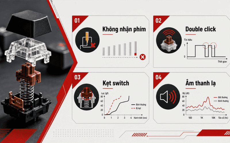 Switch có vấn đề thường gây lỗi nhận phím, double click, kẹt phím hoặc thay đổi cảm giác gõ