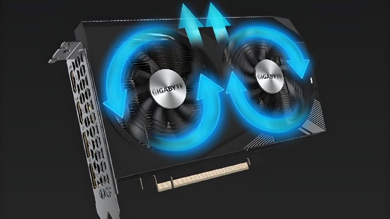 VGA GIGABYTE GeForce RTX 3050 WINDFORCE OC có hệ thống tản nhiệt WINDFORCE 2X