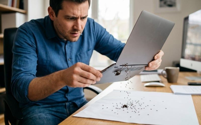 Nghiêng máy và lắc nhẹ tay để kiến rơi ra