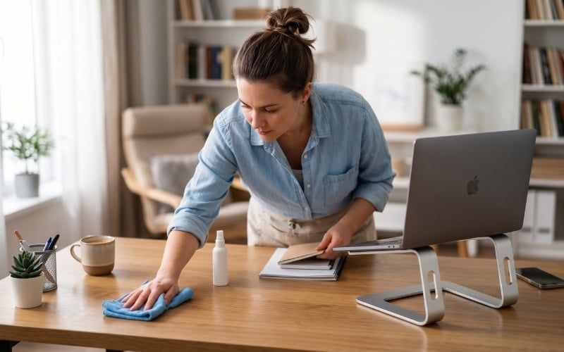 Vệ sinh khu vực mặt bàn và kệ máy để tránh kiến chui vào laptop