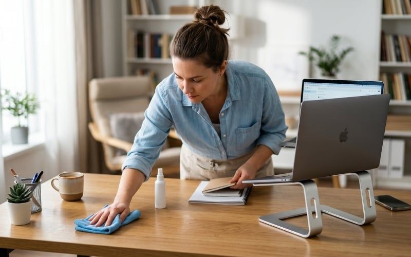 Vệ sinh khu vực mặt bàn và kệ máy&nbsp;để tránh kiến chui vào laptop