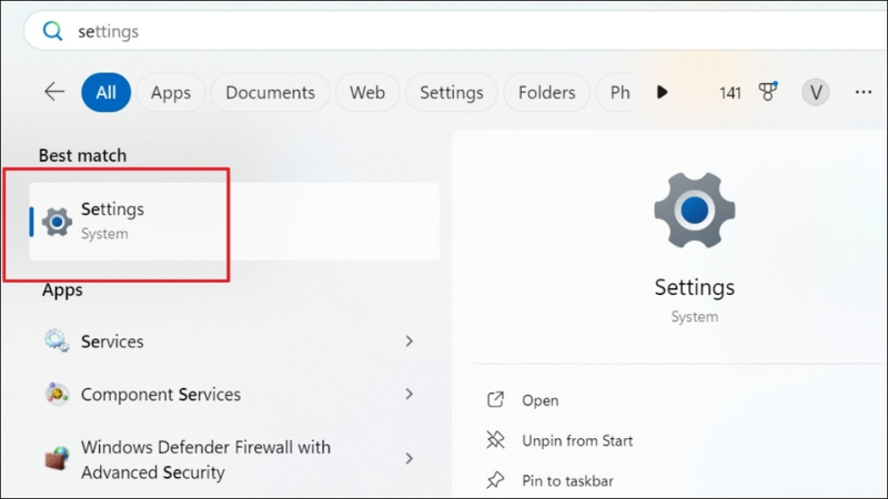 Nhấn vào biểu tượng Start, sau đó chọn Settings