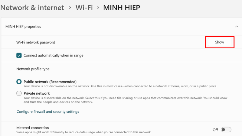 Ở mục WiFi network password, nhấn&nbsp;Show