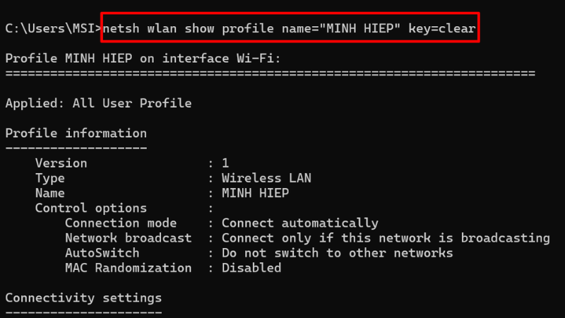 netsh wlan show profile name=