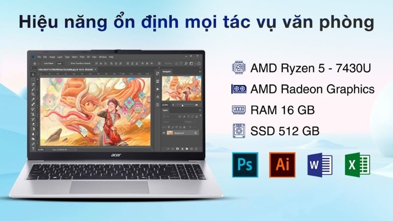 Laptop Acer Aspire Lite 15 AL15-42P-R8E6 có RAM 16GB, SSD 512GB thoải mái sử dụng