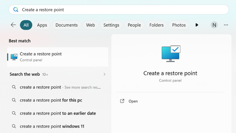 Tìm kiếm Create a restore point