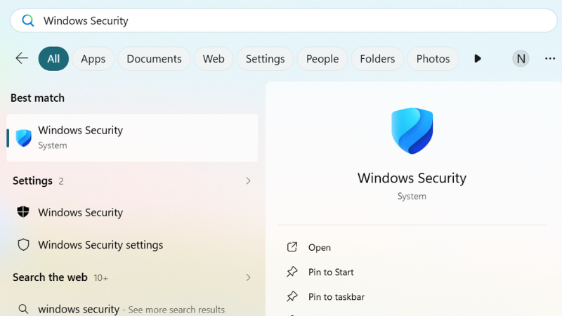 Mở Windows Security